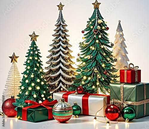 Christmas tree with gifts, decorations, baubles, and presents.