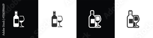 Wine Icons. Glasses and bottle icons vector set. Wine glass bottle icon symbol in line and flat style. Alcohol Liquor, beverages, bar, beer.  Wine in black white and transparent background.