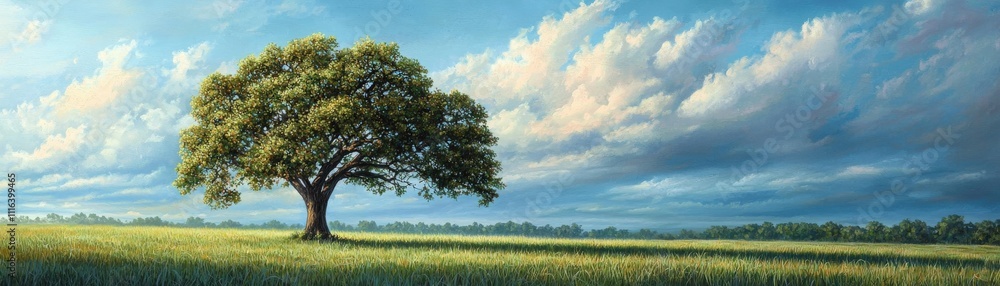 A solitary large tree standing in a lush green meadow under a vivid blue sky A solitary large tree standing in a lush green meadow under a vivid blue sky