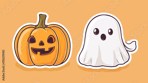 Spooky Halloween Ghost and Pumpkin Sticker Vector Illustration for Creatives photo