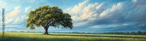 A solitary large tree standing in a lush green meadow under a vivid blue sky