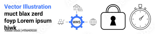 Lock icon symbolizing security, gear labeled WMS with connected warehouses representing a management system, and stopwatch indicating efficiency. Ideal for logistics, time management, system