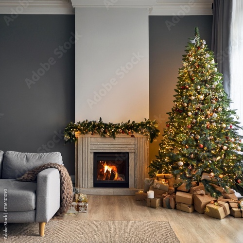 living room with furniture, christmas tree and campfire, christmas theme