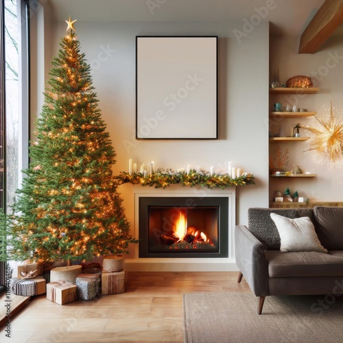 living room with furniture, christmas tree and campfire, christmas theme