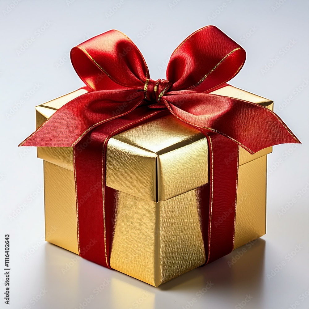 Obraz premium Elegant Gold Gift Box with Red Ribbon Bow - Die Cut Design