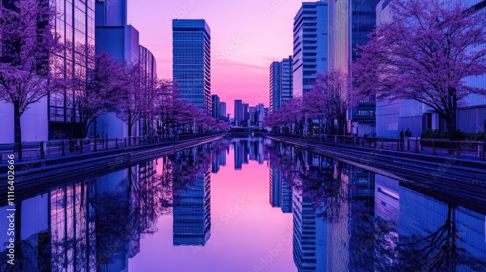 Fototapeta premium Purple Twilight Reflection of Buildings and Cherry Blossom Trees