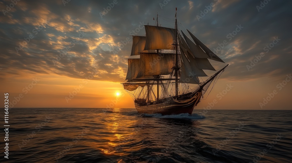 Fototapeta premium Sunset sailship ocean golden hour dramatic scene.