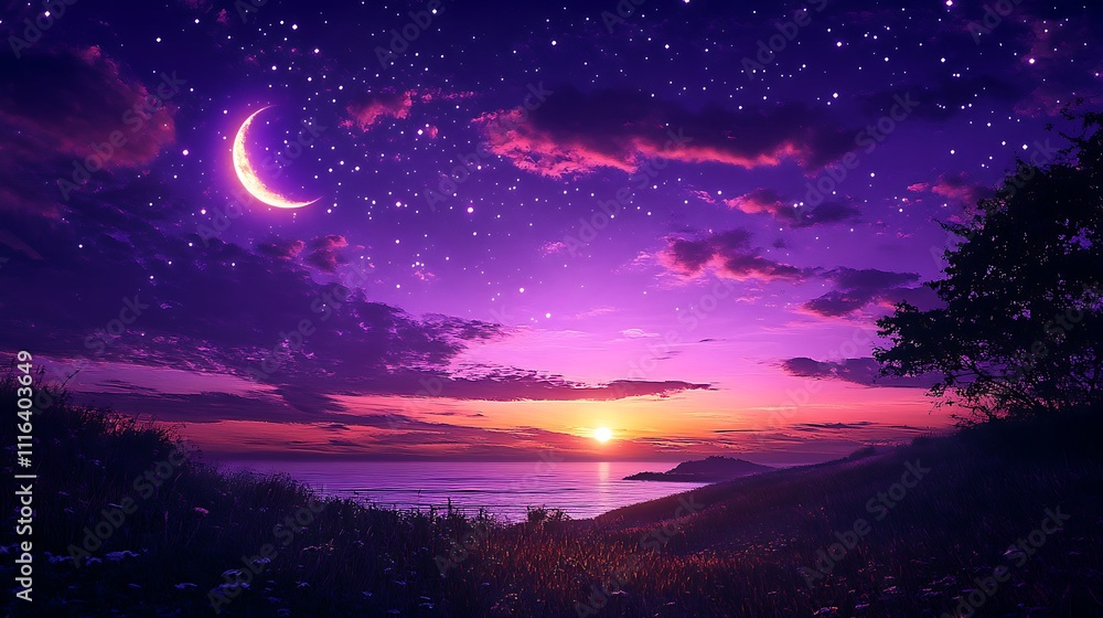Obraz premium Celestial evening sunset over serene ocean landscape nature view