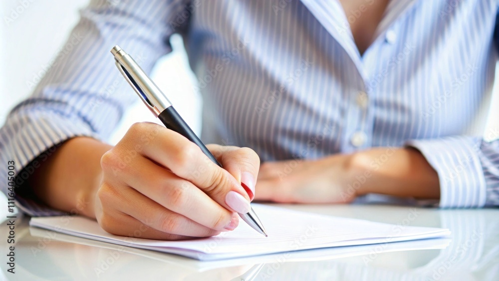 Woman Writing Notes on Blank Paper with a Silver Pen, Close-Up View of Hand, Professional Workspace, Modern Office Environment, Soft Lighting Woman Writing Notes on Blank Paper with a Silver Pen, Close-Up View of Hand, Professional Workspace, Modern Office Environment, Soft Lighting
