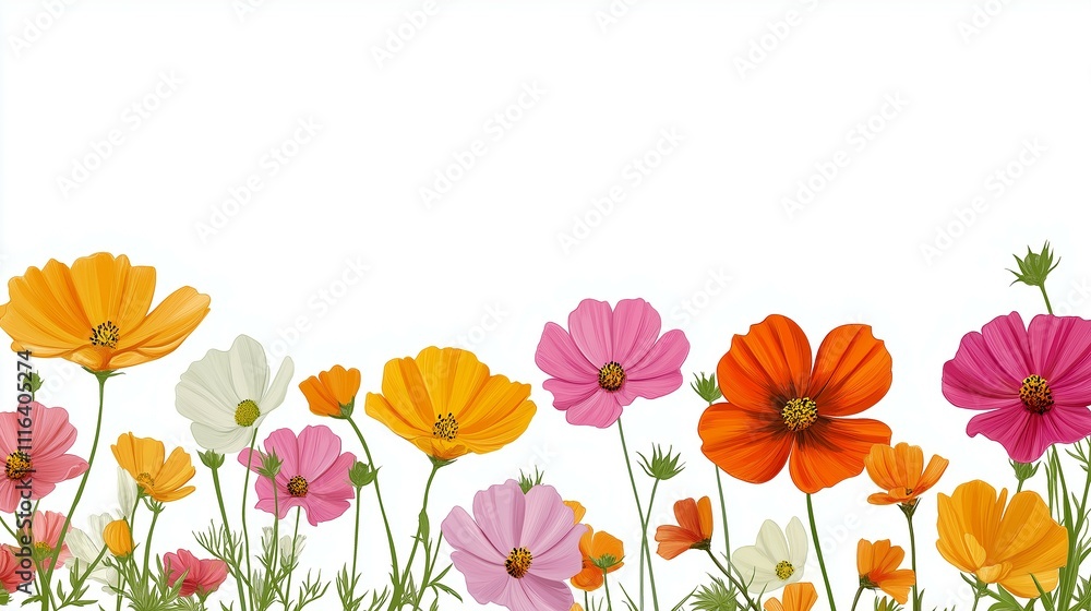 Fototapeta premium Vibrant meadow of colorful flowers under a clear sky, showcasing nature's beauty in a variety of hues.