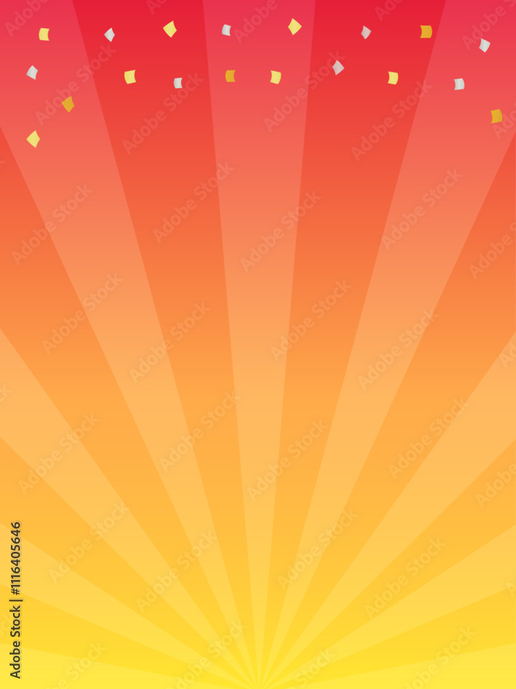 Obraz premium 放射線状の光と紙吹雪の背景 - セールやプロモーションの縦長サイズのバナーのテンプレート素材 - 3:4