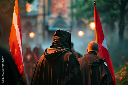 A man in a hooded cloak stands next to two flags, one of which is red and white