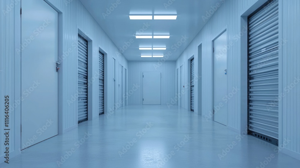 Obraz premium A long, narrow hallway with multiple storage units, illuminated by fluorescent lights, featuring a cool blue color scheme and sleek, modern design.