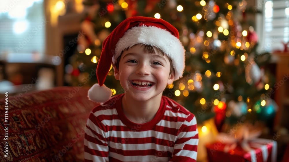 Happy Child in Santa Hat by Christmas Tree Happy Child in Santa Hat by Christmas Tree