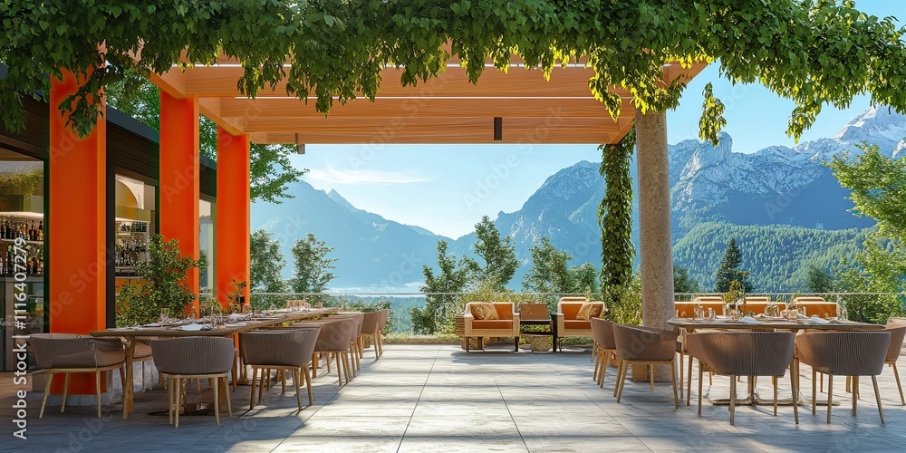 Obraz premium orange and cream rooftop restaurant covered roof green climbing vine with beautiful mountain and pines view