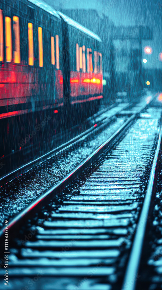 Fototapeta premium A train is on a wet track with rain falling on it