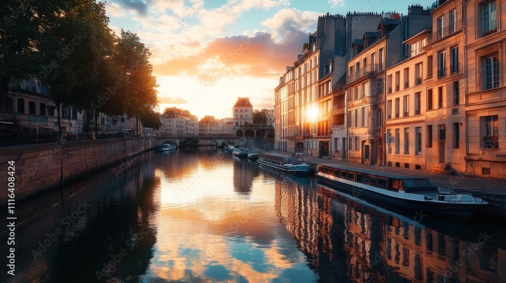 Fototapeta premium Sunset over Parisian canal, boats, buildings reflected.