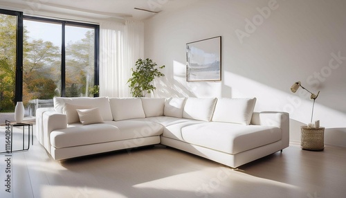 A minimalist white sectional sofa with clean lines, placed in a brightmodern apa photo