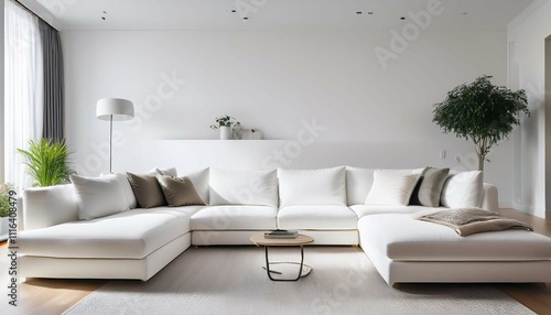 A minimalist white sectional sofa with clean lines, placed in a brightmodern apa photo