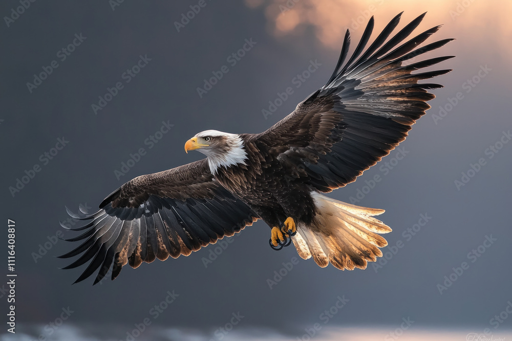 Obraz premium Majestic bald eagle soaring with outstretched wings against a dramatic sky.