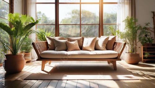 A rustic wooden sofa set with beige cushions, surrounded by indoor plants and natural sunlig photo