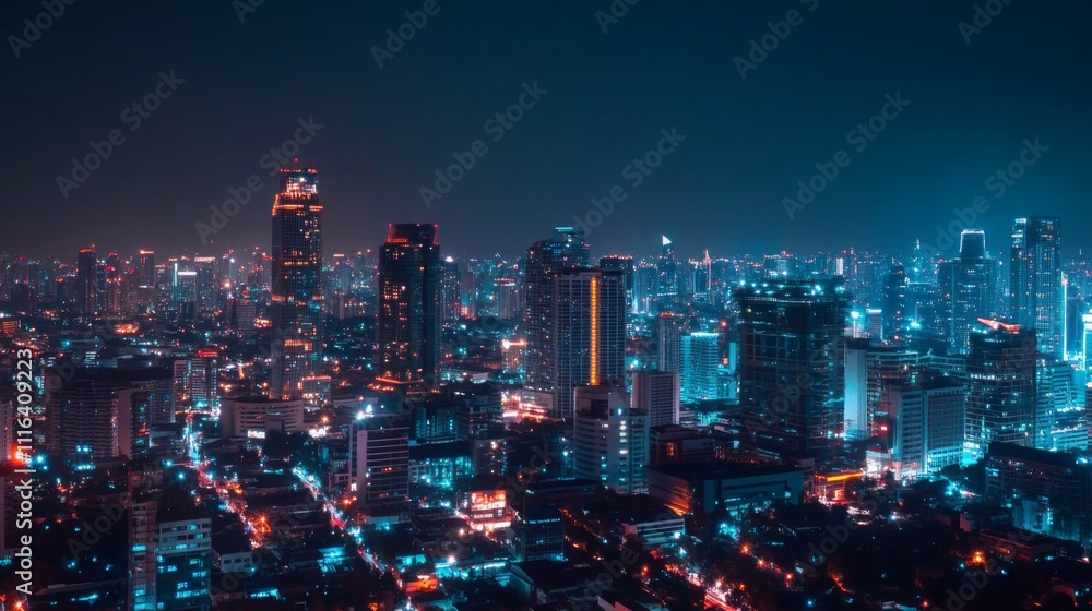 Obraz premium Vibrant Night Cityscape with Neon Lights and Skyscrapers