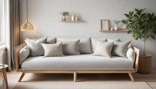 A Scandinavian-style sofa bed with light gray upholstery and wooden armrests