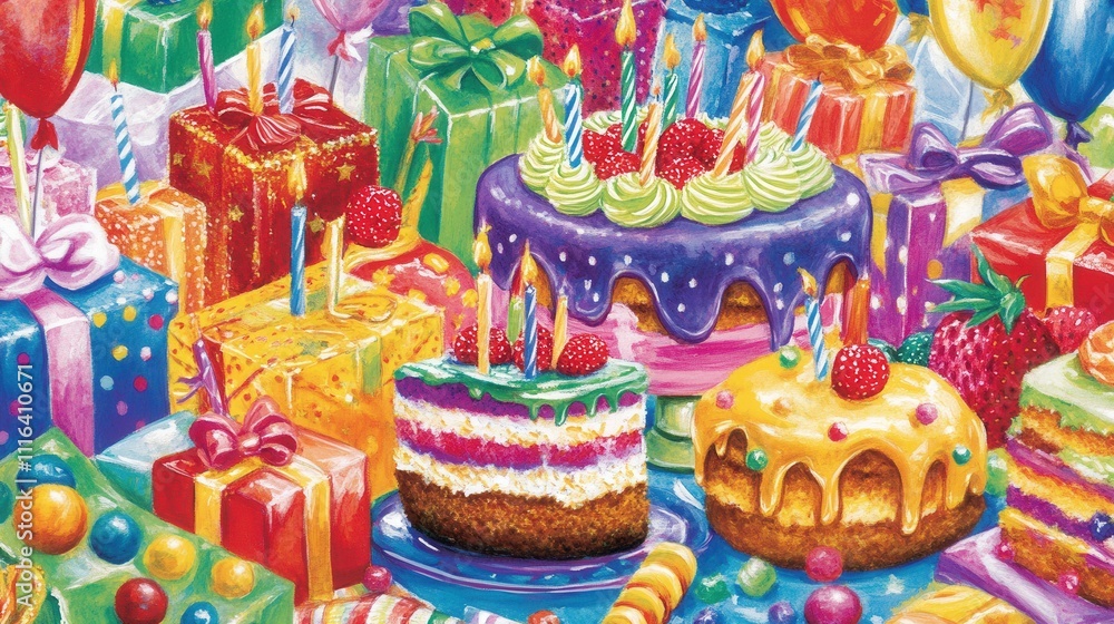 Colorful birthday cakes and presents. Colorful birthday cakes and presents.