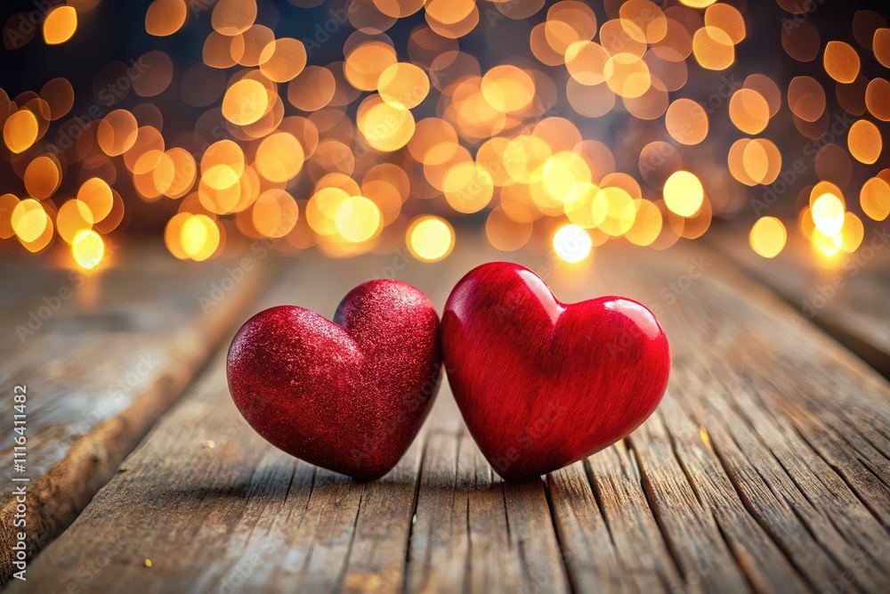 Fototapeta premium Valentine's Day Red Hearts on Wood Bokeh Background