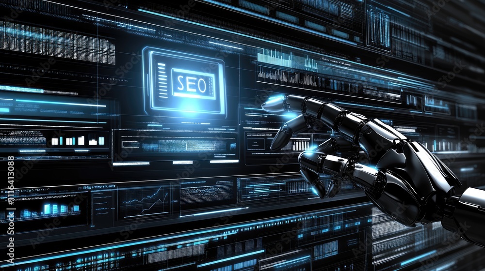 Futuristic Robotic Hand Interacting with Digital SEO Interface Futuristic Robotic Hand Interacting with Digital SEO Interface