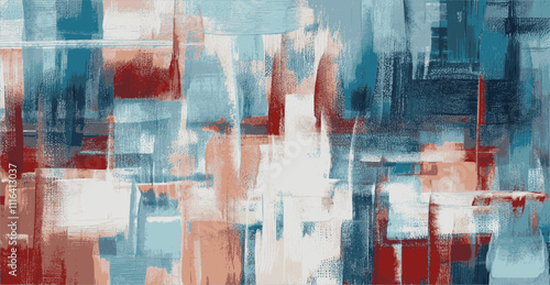 Dynamic abstract compositions with bold brushstrokes and intersecting cool blues, vibrant reds, and soft whites