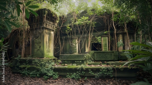 Mysterious Jungle Doorway with Overgrown Vines and Stone Bench in Sumatraism Style photo