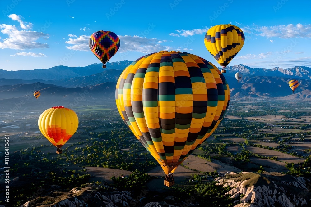 Fototapeta premium Vibrant Hot Air Balloons Soaring Over Picturesque Countryside During Enchanting Festival A Kaleidoscope of Colorful Balloons Drifting in the Gentle Breeze Laughter of Spectators