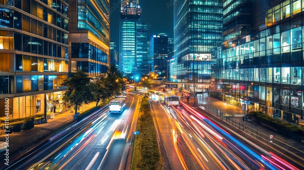 Fototapeta premium Night Cityscape with Busy Traffic in Modern Urban Environment
