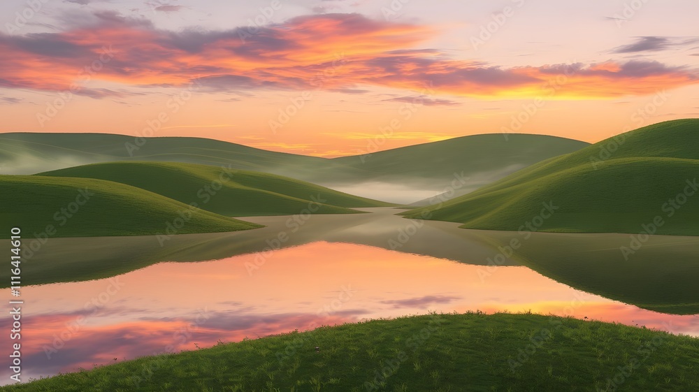 Fototapeta premium Serene Landscape at Sunrise or Sunset with Hills and Lake under a Pink Sky