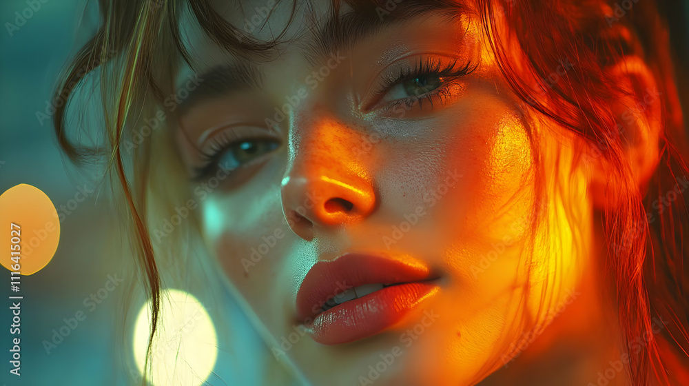 Warm Light Portrait Illustration: Close-up Female Face Warm Light Portrait Illustration: Close-up Female Face