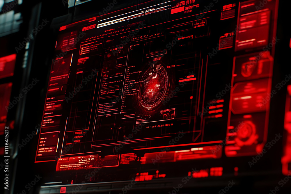 Obraz premium Red digital interface screen showing data, code, and system information.