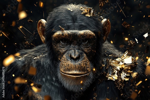 A Chimpanzee Amidst Golden Fragments Exploding photo