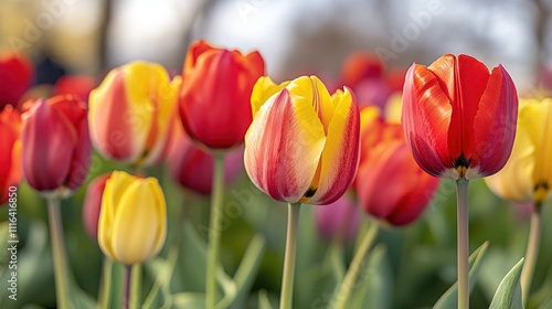 Red and yellow tulips blooming brightly.
