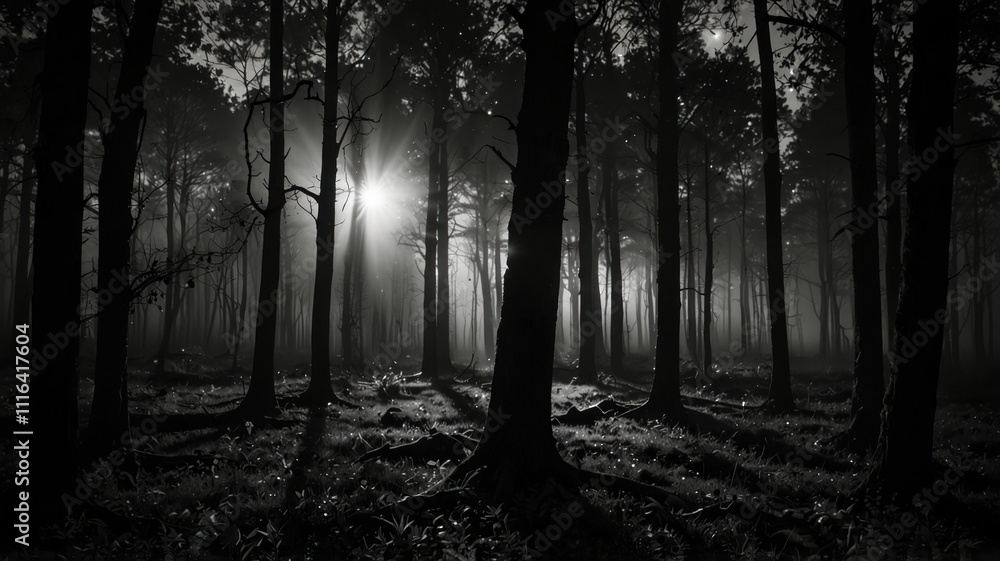 Fototapeta premium magical lights sparkling in mysterious fores monocrome