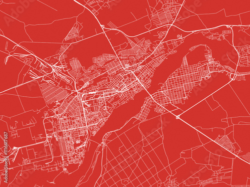 Christmas Map of Biysk, Russia in Snowy White on Festive Red Background.