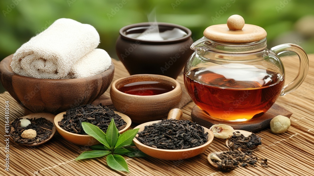 Herbal Tea Composition with Ingredients and Equipment Displayed Herbal Tea Composition with Ingredients and Equipment Displayed