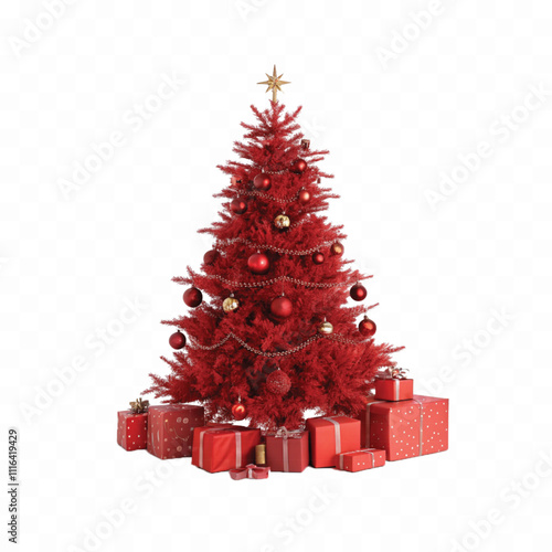 3d Decorated green Christmas tree with golden baubles for new year with gift box isolated on white background