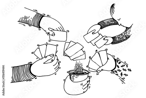 Family plays card game. Board game for 2+ people. Hands holding playing cards. Sketch line vector illustration