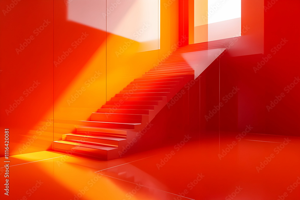 Red staircase in modern, brightly lit interior. Red staircase in modern, brightly lit interior.