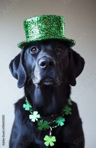 A black Labrador wearing a green St. Patrick's Day hat photo