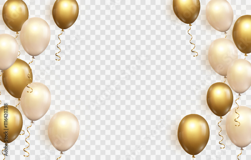 Vector golden luxury balloons isolated on png background. Realistic festive 3d helium balloons template for anniversary, Birthday party design. Vector illustration on transparent background