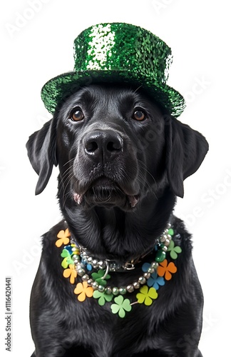 A black Labrador wearing a green St. Patrick's Day hat photo