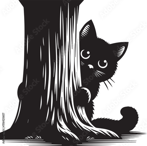 Cat peeking from behind a tree trunk black vector silhouette