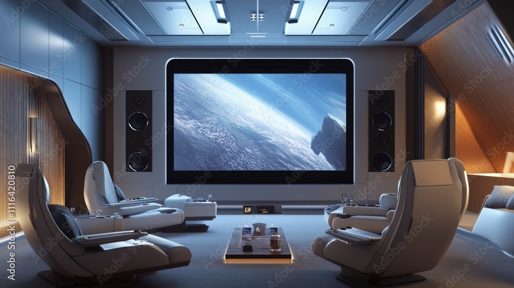 Futuristic home theater, reclining chairs, Earth on screen. Futuristic home theater, reclining chairs, Earth on screen.